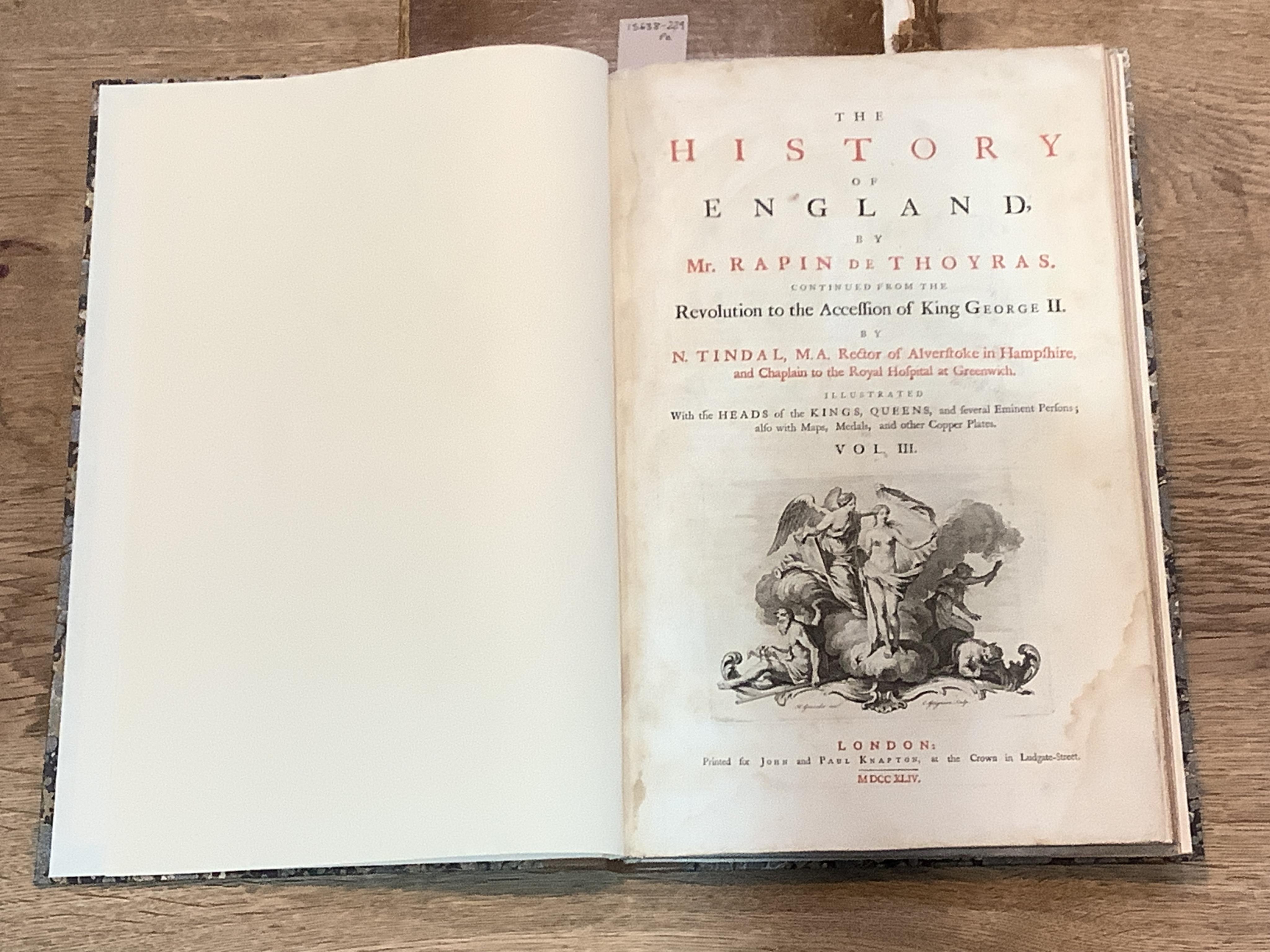 Rapin de Thoyras and Plates engraved by J S Muller for Mr Tindal's continuation of Mr Rapin's Medallic History of England, Vols III-IV Pt II in one volume 1744-47, rebound; another copy nd. incomplete but with 37 plates;